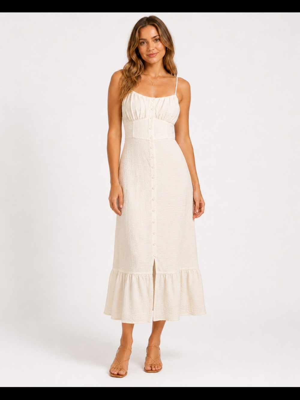 Cream Spaghetti-Strap Maxi Dress with Button Front and Ruffle Hem